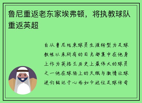 鲁尼重返老东家埃弗顿，将执教球队重返英超