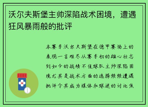 沃尔夫斯堡主帅深陷战术困境，遭遇狂风暴雨般的批评
