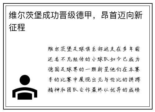 维尔茨堡成功晋级德甲，昂首迈向新征程